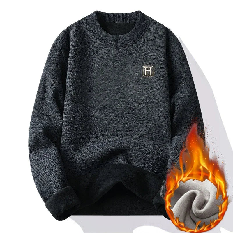 Men New Long Sleeve Knit Pullover Sweater Autumn Winter Thermal Warm Classic Sweater Lightweight Fleece Lined Thickened Sweater