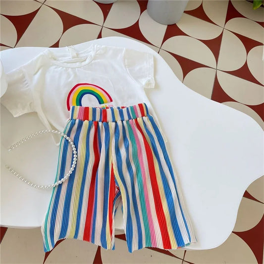 Baby Girls Summer Set 1-8Y Kids Fashion T-Shirt+Striped Pants 2Pcs Toddler Summer Clothing Suits Children Short Sleeves Outfits