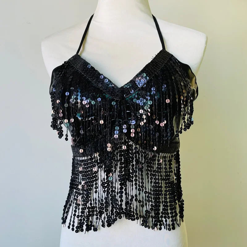 Halloween Party Show Nightclub Performance Sequin Tassel Costume Top Latin Belly Dance Bra Vest Stage Fringe Halter Crop Tank