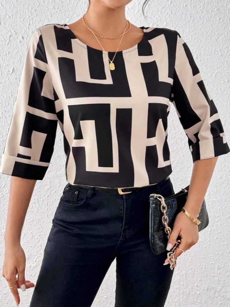 Women's Spring Summer Geometric Print Round Neck Short Sleeve Casual Shirt Comfortable Breathable Fashionable Top