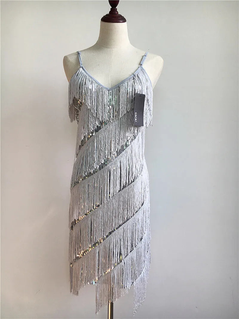 Womens Shiny Sequins Fringe Latin Dance Dress Samba Tango Latin Dance Wear Adults Female Tassel Stage Performance Costume