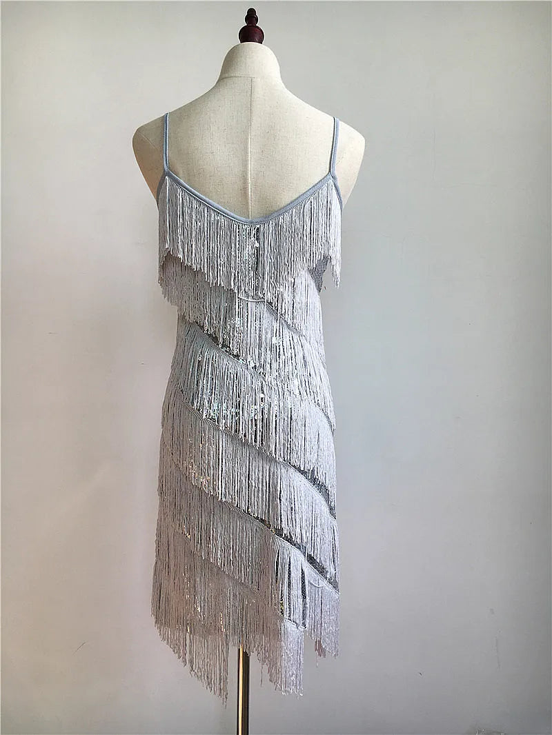 Womens Shiny Sequins Fringe Latin Dance Dress Samba Tango Latin Dance Wear Adults Female Tassel Stage Performance Costume