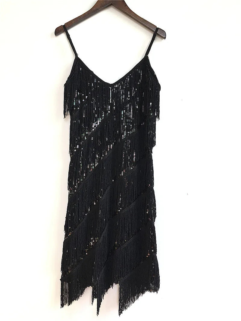 Womens Shiny Sequins Fringe Latin Dance Dress Samba Tango Latin Dance Wear Adults Female Tassel Stage Performance Costume