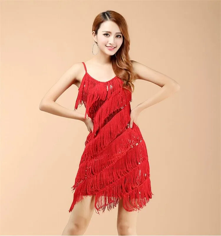 Womens Shiny Sequins Fringe Latin Dance Dress Samba Tango Latin Dance Wear Adults Female Tassel Stage Performance Costume