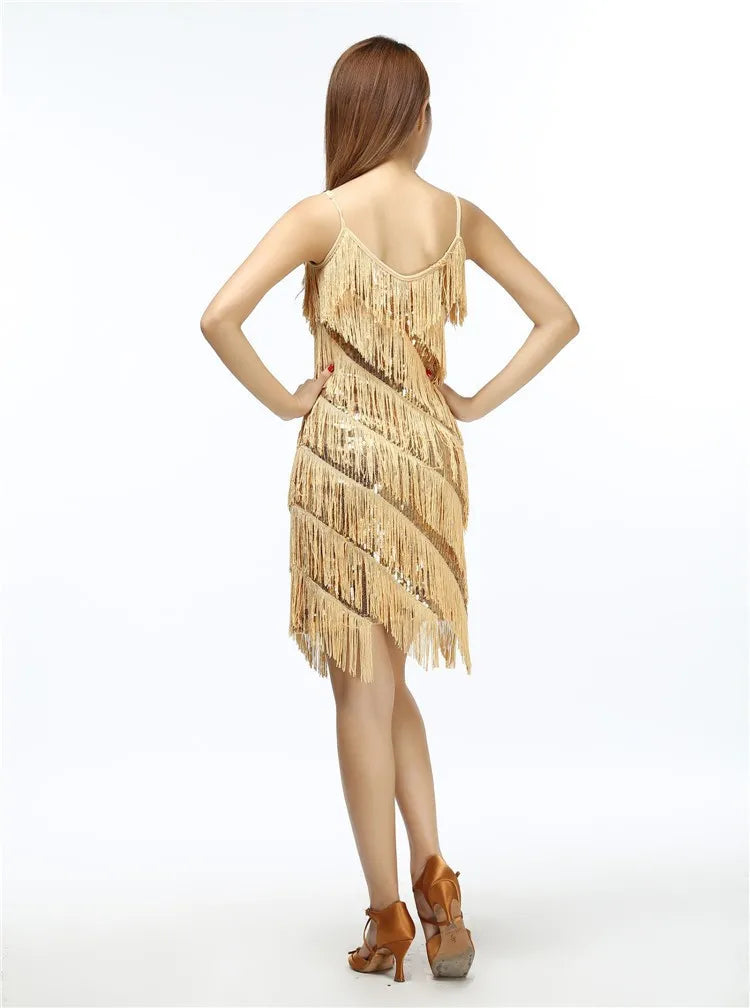 Womens Shiny Sequins Fringe Latin Dance Dress Samba Tango Latin Dance Wear Adults Female Tassel Stage Performance Costume