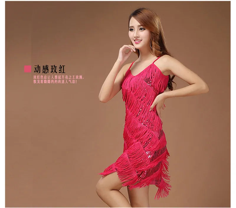 Womens Shiny Sequins Fringe Latin Dance Dress Samba Tango Latin Dance Wear Adults Female Tassel Stage Performance Costume