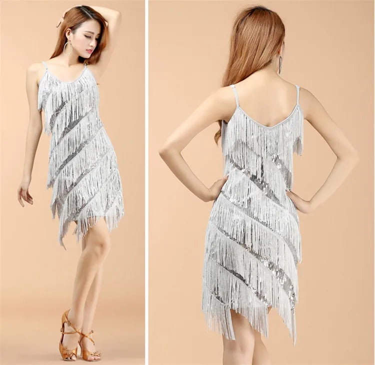 Womens Shiny Sequins Fringe Latin Dance Dress Samba Tango Latin Dance Wear Adults Female Tassel Stage Performance Costume