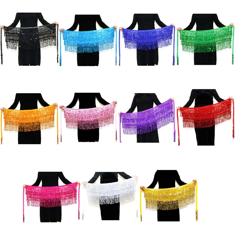 Latin Dance Hula Short Skirt Dress Stage Carnival Party Performance Hip Scarf Three-Layer Tassel Belly Dance Sequins Waist Chain