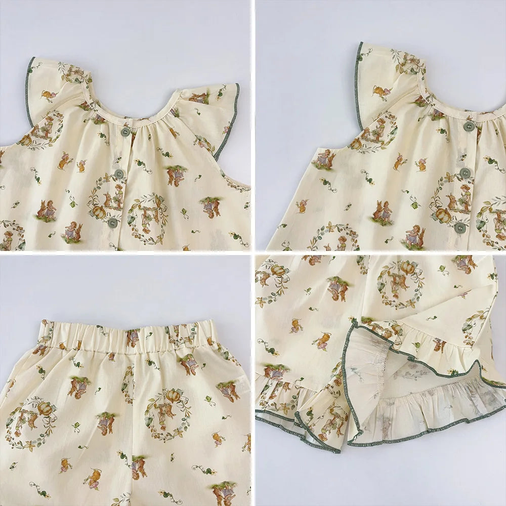 Bear Leader Girls' Summer Fashion Set Children's Flower Print Flying Sleeve Top+Shorts Two Piece Cute Little Girl Refreshing Set