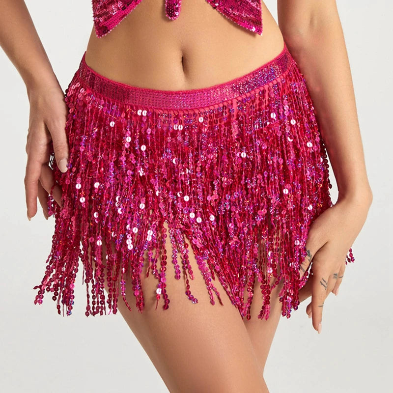 Latin Dance Hula Short Skirt Dress Stage Carnival Party Performance Hip Scarf Three-Layer Tassel Belly Dance Sequins Waist Chain