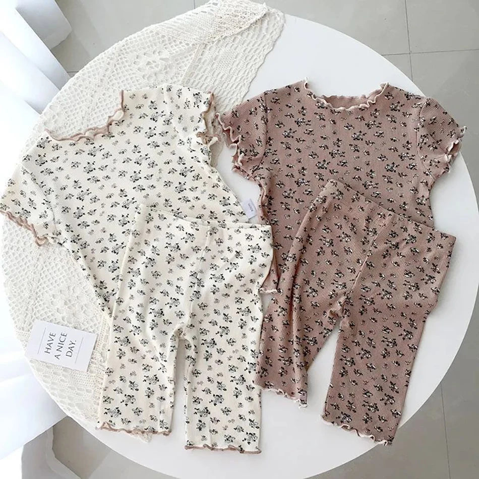 Girls Summer Pajamas Set Short Sleeve Shorts Floral Korean Style Rayon Two Piece Sleepwear Home Loungewear Kids Nightwear Outfit