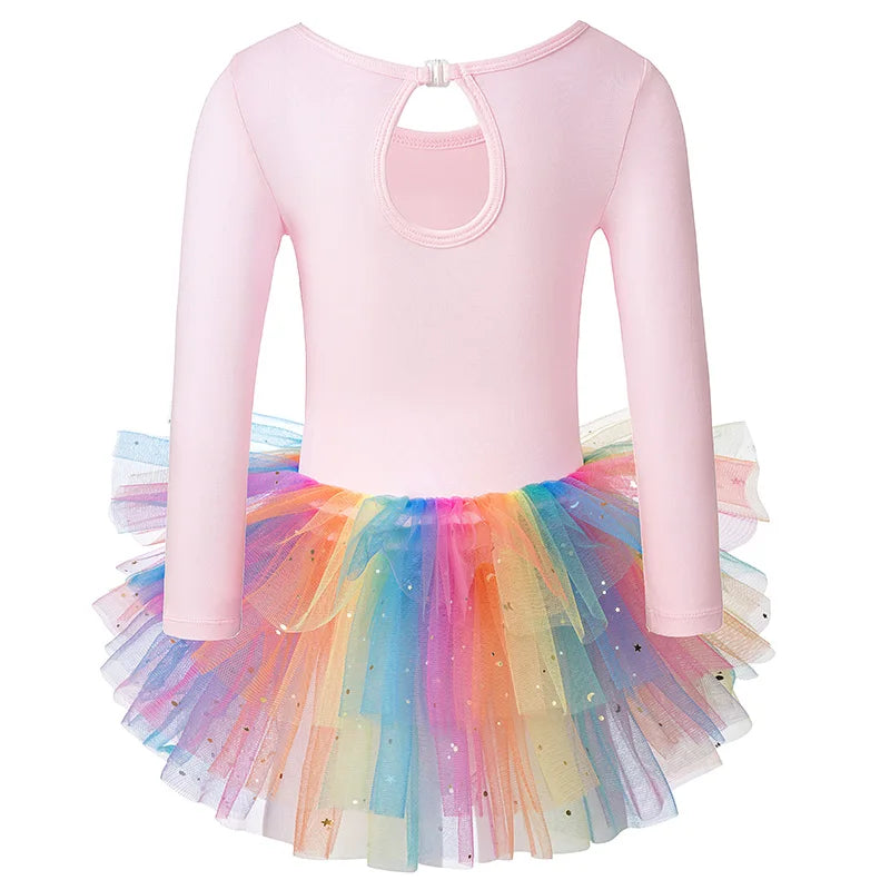 Girls Long Sleeves Tutu Dance Dress Ballet Leotard for kids Dance  Practice with Glitter Sequin Design and Crotch Snap Skirt