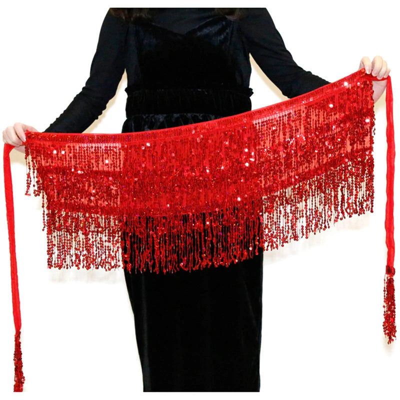 Latin Dance Hula Short Skirt Dress Stage Carnival Party Performance Hip Scarf Three-Layer Tassel Belly Dance Sequins Waist Chain