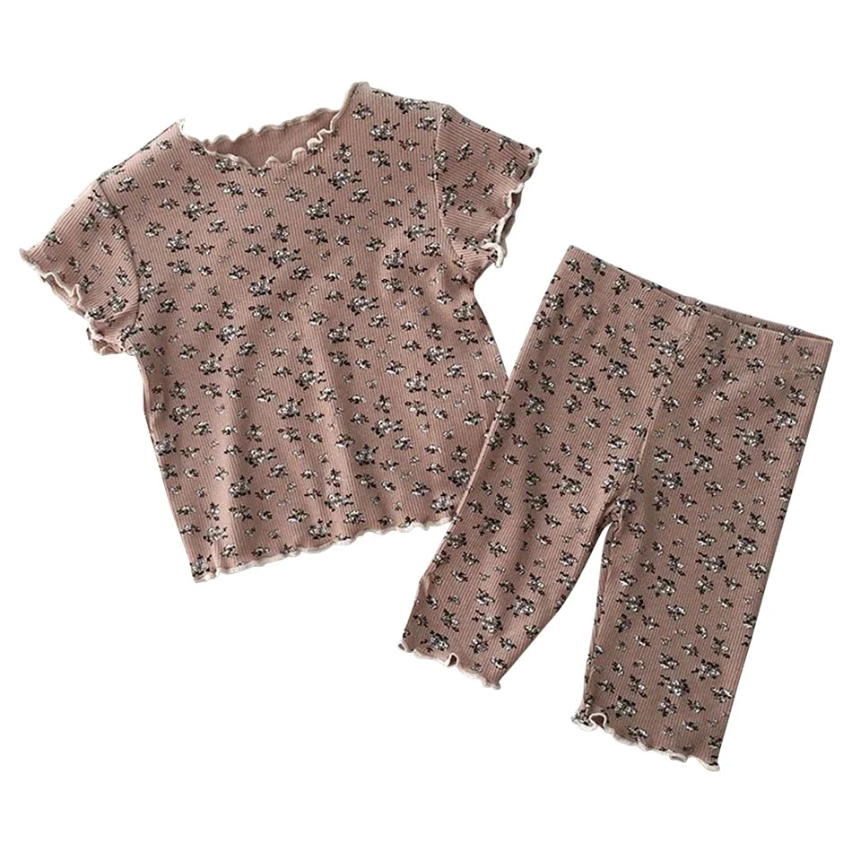 Girls Summer Pajamas Set Short Sleeve Shorts Floral Korean Style Rayon Two Piece Sleepwear Home Loungewear Kids Nightwear Outfit