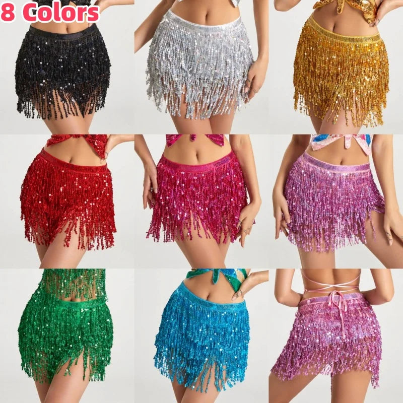 Latin Dance Hula Short Skirt Dress Stage Carnival Party Performance Hip Scarf Three-Layer Tassel Belly Dance Sequins Waist Chain