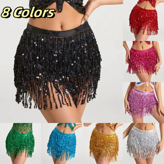 Latin Dance Hula Short Skirt Dress Stage Carnival Party Performance Hip Scarf Three-Layer Tassel Belly Dance Sequins Waist Chain