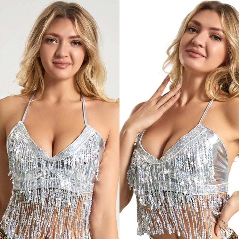 Halloween Party Show Nightclub Performance Sequin Tassel Costume Top Latin Belly Dance Bra Vest Stage Fringe Halter Crop Tank