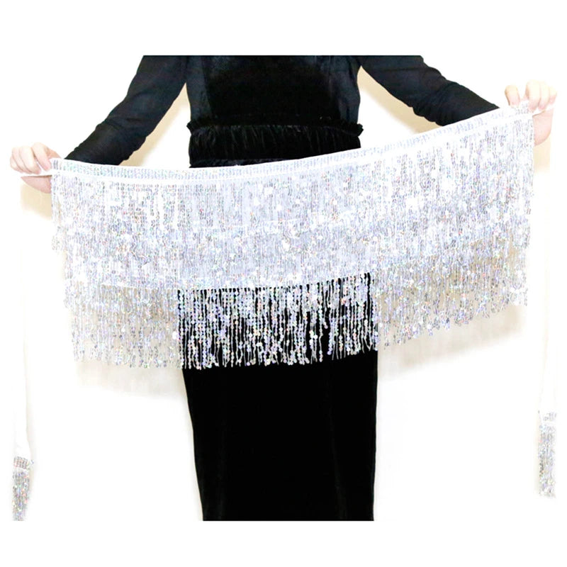 Latin Dance Hula Short Skirt Dress Stage Carnival Party Performance Hip Scarf Three-Layer Tassel Belly Dance Sequins Waist Chain