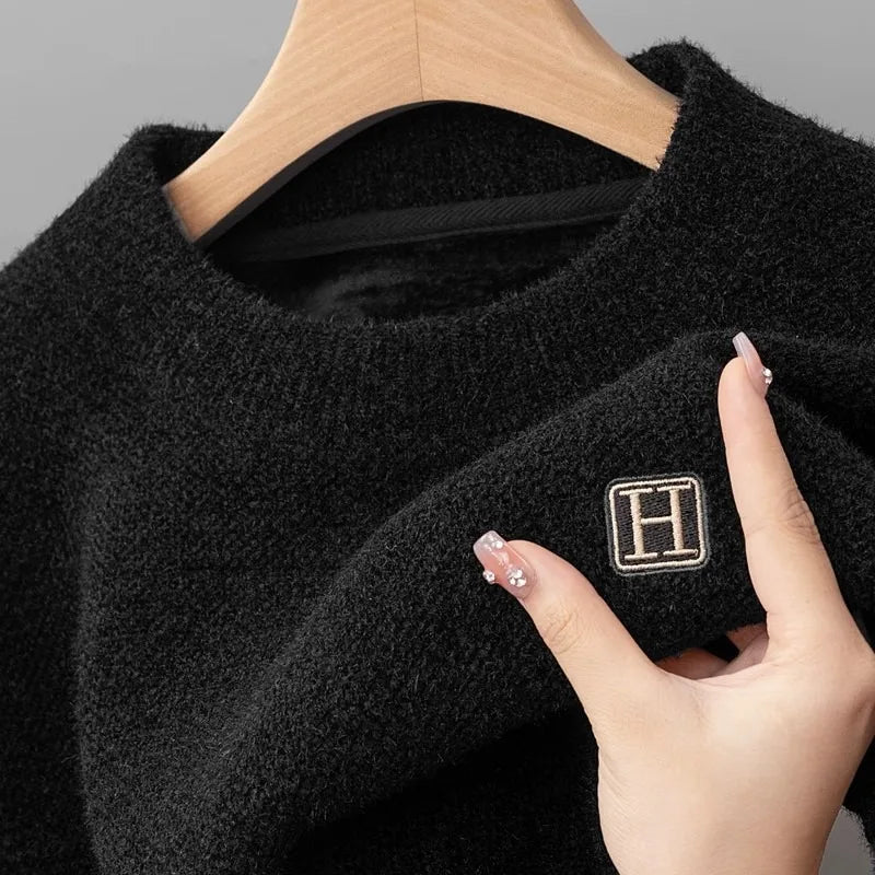 Men New Long Sleeve Knit Pullover Sweater Autumn Winter Thermal Warm Classic Sweater Lightweight Fleece Lined Thickened Sweater