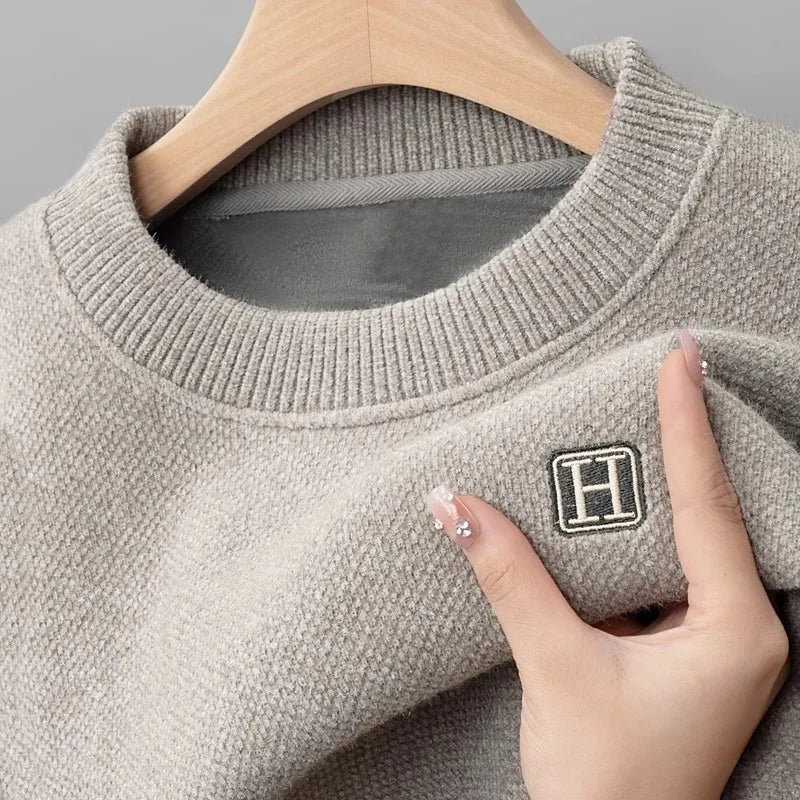 Men New Long Sleeve Knit Pullover Sweater Autumn Winter Thermal Warm Classic Sweater Lightweight Fleece Lined Thickened Sweater