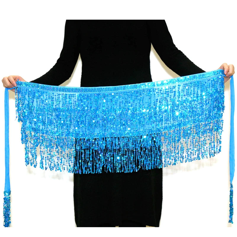 Latin Dance Hula Short Skirt Dress Stage Carnival Party Performance Hip Scarf Three-Layer Tassel Belly Dance Sequins Waist Chain