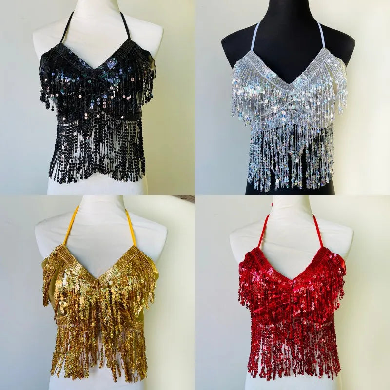 Halloween Party Show Nightclub Performance Sequin Tassel Costume Top Latin Belly Dance Bra Vest Stage Fringe Halter Crop Tank