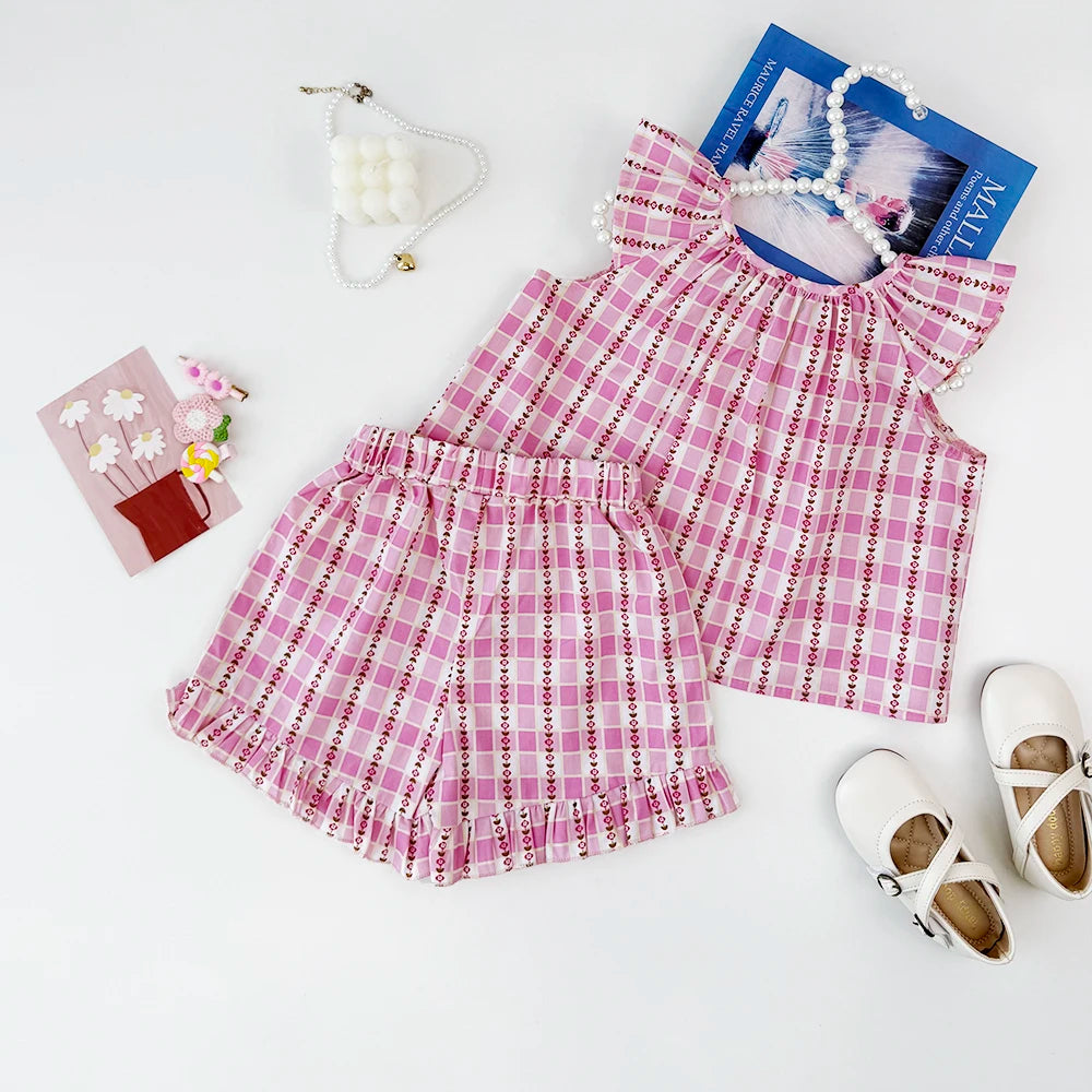 Bear Leader Girls' Summer Fashion Set Children's Flower Print Flying Sleeve Top+Shorts Two Piece Cute Little Girl Refreshing Set