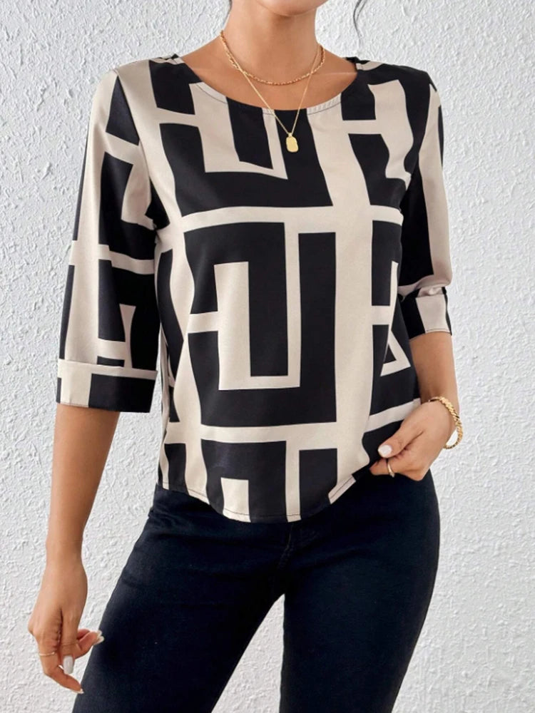 Women's Spring Summer Geometric Print Round Neck Short Sleeve Casual Shirt Comfortable Breathable Fashionable Top