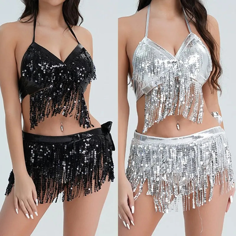 Halloween Party Show Nightclub Performance Sequin Tassel Costume Top Latin Belly Dance Bra Vest Stage Fringe Halter Crop Tank