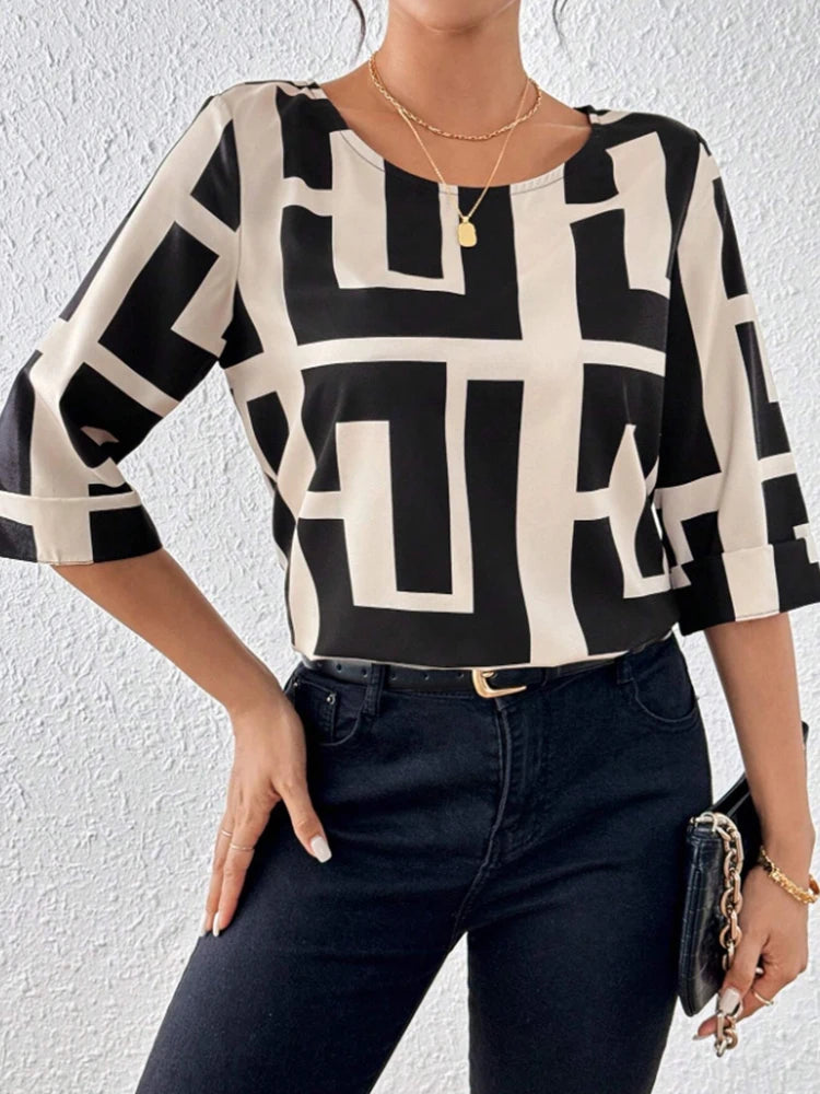 Women's Spring Summer Geometric Print Round Neck Short Sleeve Casual Shirt Comfortable Breathable Fashionable Top