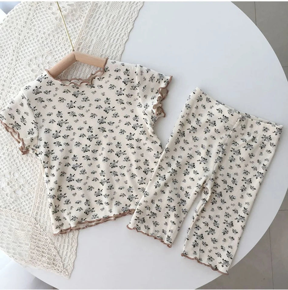 Girls Summer Pajamas Set Short Sleeve Shorts Floral Korean Style Rayon Two Piece Sleepwear Home Loungewear Kids Nightwear Outfit