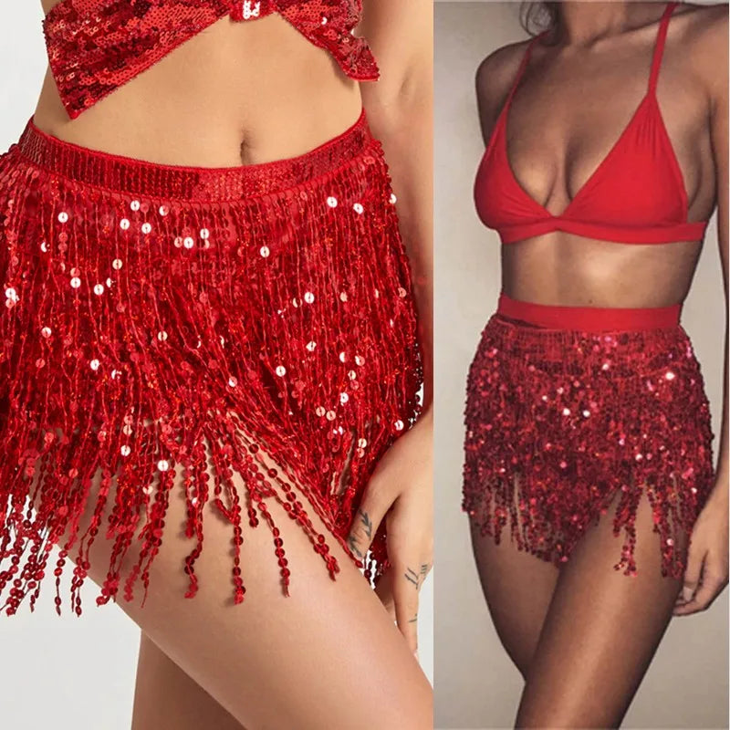 Latin Dance Hula Short Skirt Dress Stage Carnival Party Performance Hip Scarf Three-Layer Tassel Belly Dance Sequins Waist Chain