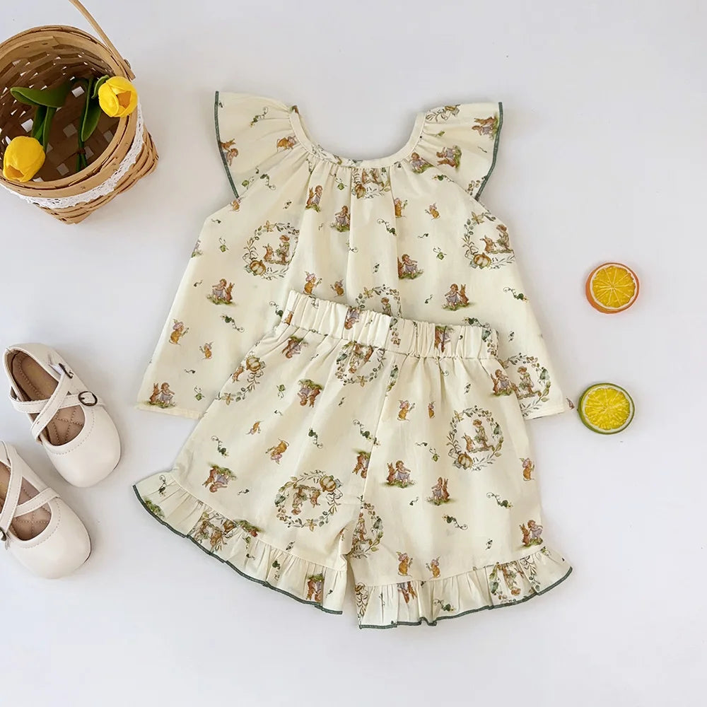 Bear Leader Girls' Summer Fashion Set Children's Flower Print Flying Sleeve Top+Shorts Two Piece Cute Little Girl Refreshing Set