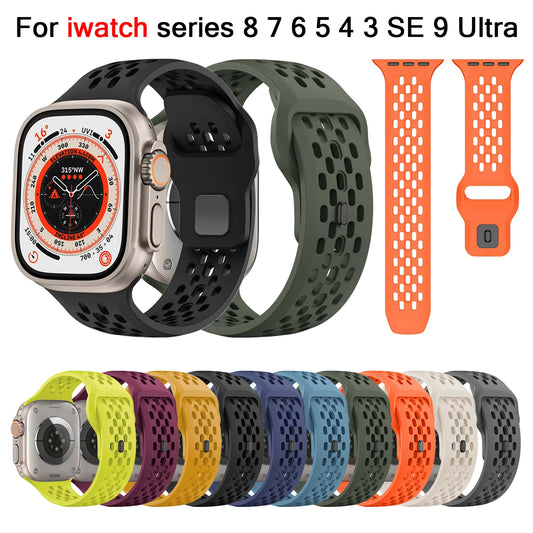 Silicone strap For iwatch series 9 8 7 6 5 4 3 SE Ultra 2 49mm Breathable Bracelet for Apple Watch 44mm 45mm 40mm 41mm 42mm 38mm
