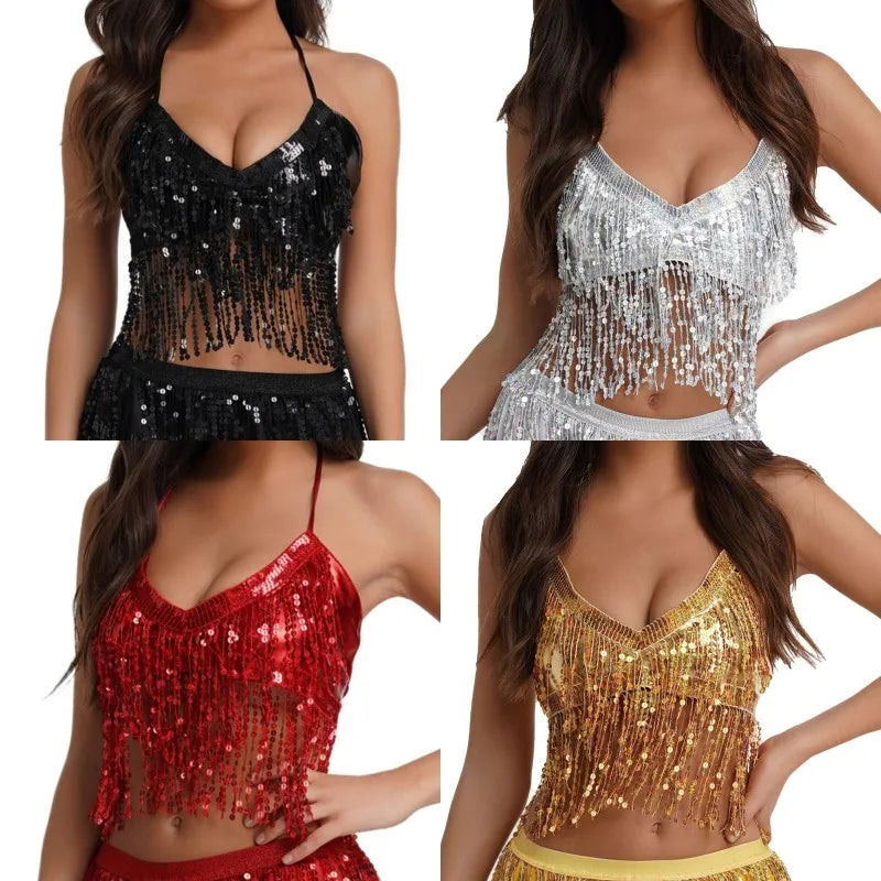 Halloween Party Show Nightclub Performance Sequin Tassel Costume Top Latin Belly Dance Bra Vest Stage Fringe Halter Crop Tank