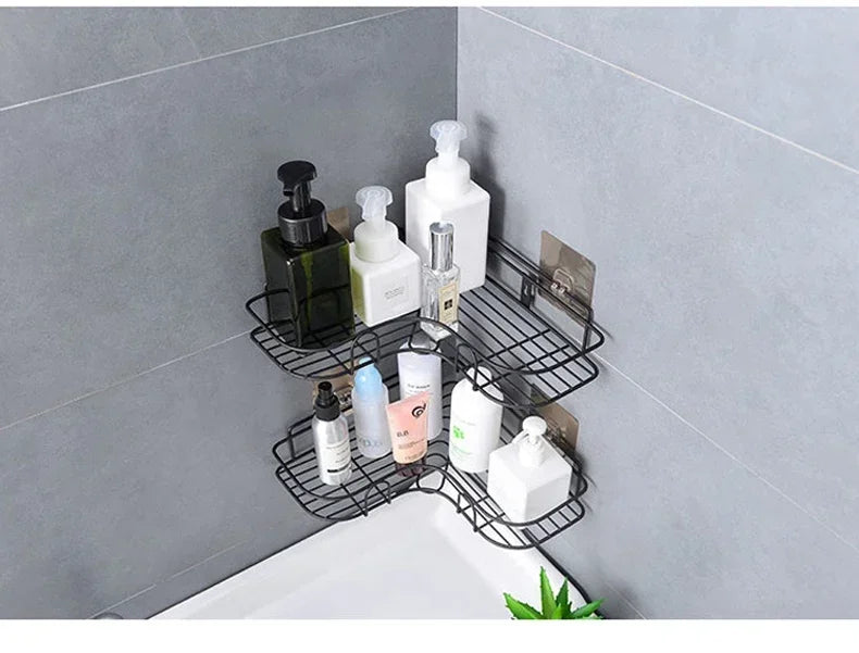 Corner StoraBathroom Organizer Shelf Wall Mounted Corner Storage Shelves Shampoo Holder Cosmetic Rack Iron Shower Drain Basket