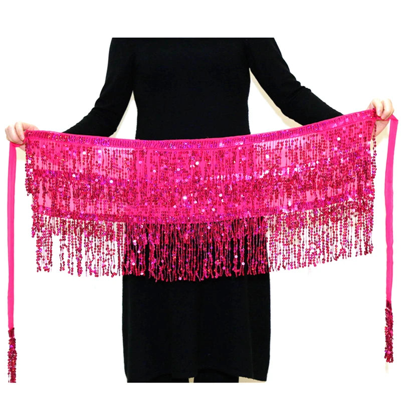 Latin Dance Hula Short Skirt Dress Stage Carnival Party Performance Hip Scarf Three-Layer Tassel Belly Dance Sequins Waist Chain