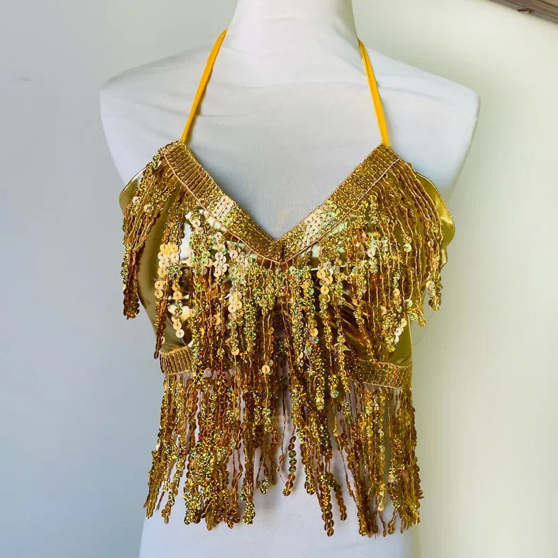 Halloween Party Show Nightclub Performance Sequin Tassel Costume Top Latin Belly Dance Bra Vest Stage Fringe Halter Crop Tank