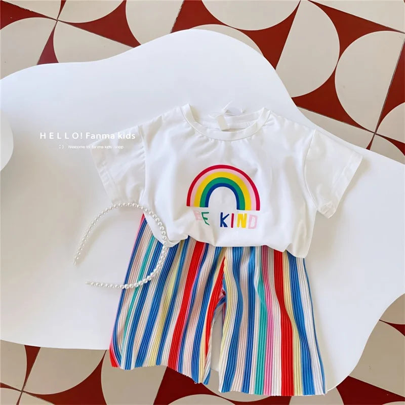 Baby Girls Summer Set 1-8Y Kids Fashion T-Shirt+Striped Pants 2Pcs Toddler Summer Clothing Suits Children Short Sleeves Outfits
