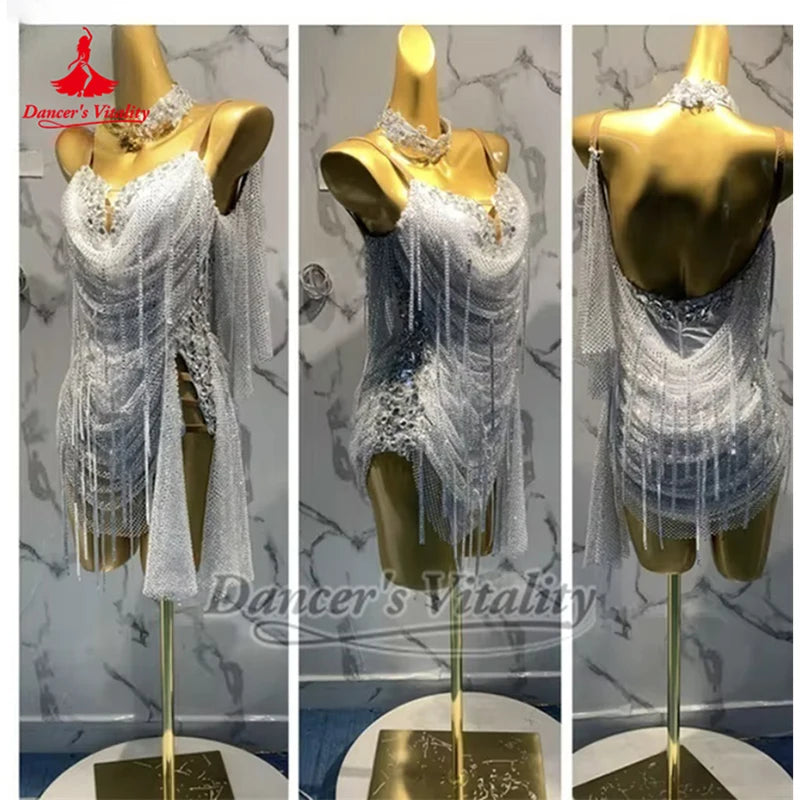 Latin Sexy Contest Mesh Tassels Dresses with Necklace Dancer's Vitality Adult Chacha Samba Salsa Perform Sling Clothing Custom