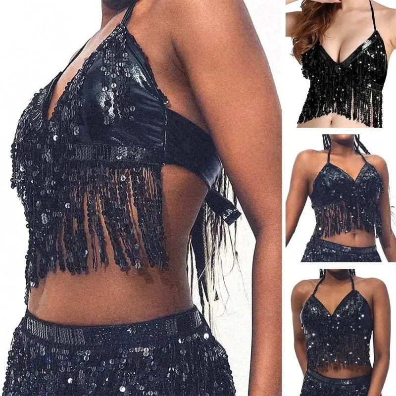 Halloween Party Show Nightclub Performance Sequin Tassel Costume Top Latin Belly Dance Bra Vest Stage Fringe Halter Crop Tank
