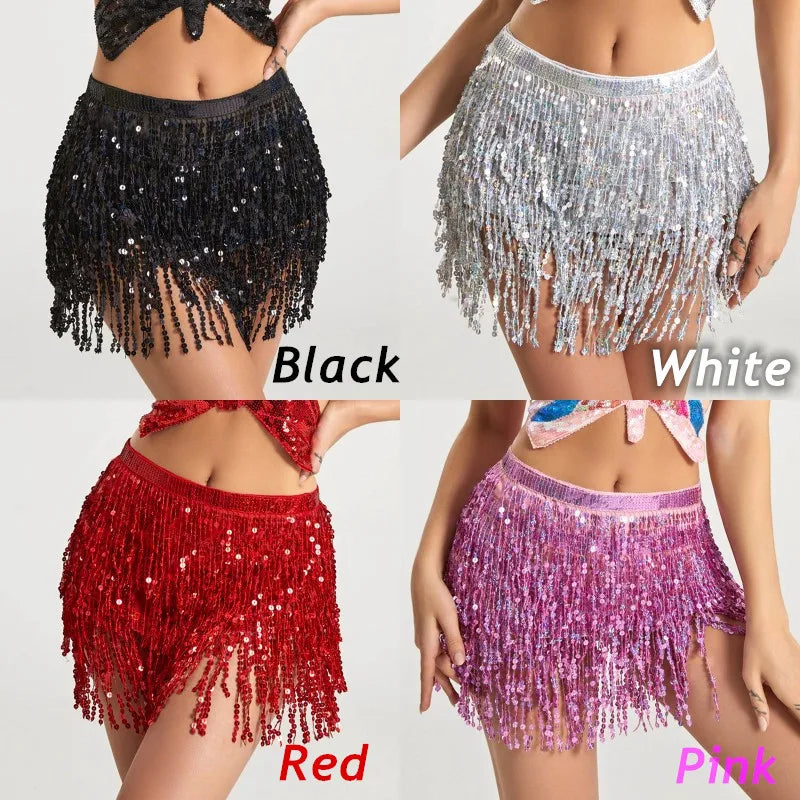 Latin Dance Hula Short Skirt Dress Stage Carnival Party Performance Hip Scarf Three-Layer Tassel Belly Dance Sequins Waist Chain