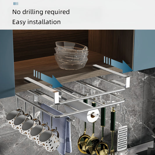 1PC Stainless Steel Hanging Kitchen Storage Rack with Hooks Paper Towel and Utensils Holder Cutting Board Storage Shelf