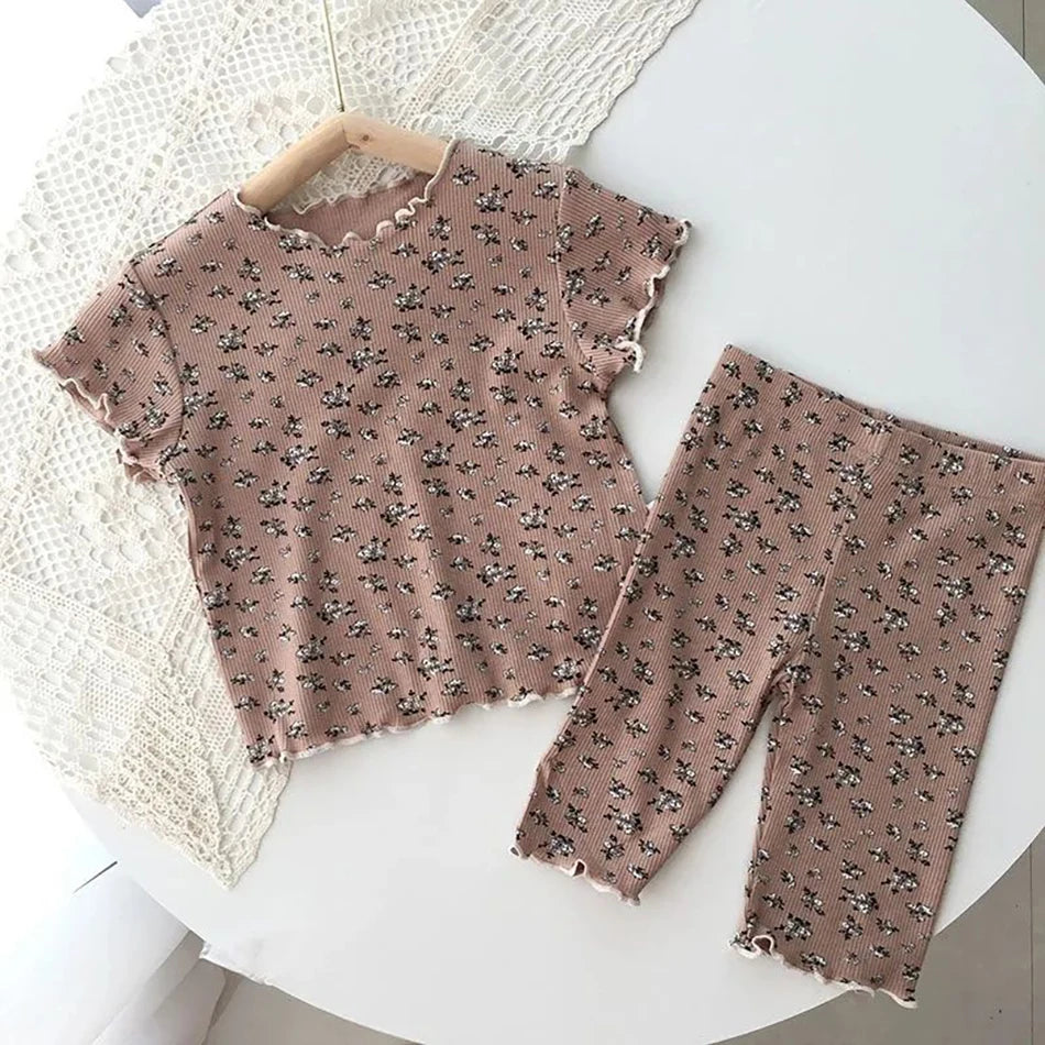 Girls Summer Pajamas Set Short Sleeve Shorts Floral Korean Style Rayon Two Piece Sleepwear Home Loungewear Kids Nightwear Outfit