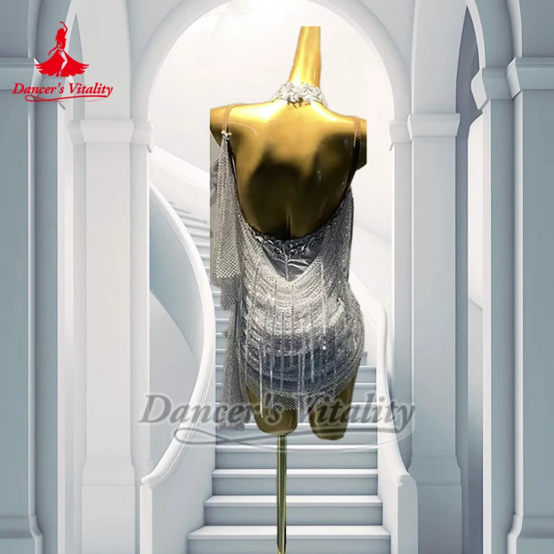 Latin Sexy Contest Mesh Tassels Dresses with Necklace Dancer's Vitality Adult Chacha Samba Salsa Perform Sling Clothing Custom