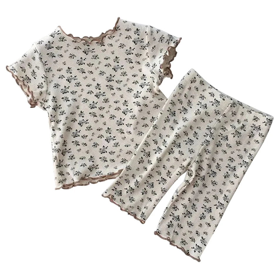 Girls Summer Pajamas Set Short Sleeve Shorts Floral Korean Style Rayon Two Piece Sleepwear Home Loungewear Kids Nightwear Outfit