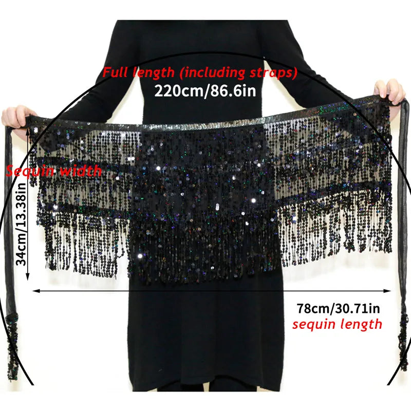 Latin Dance Hula Short Skirt Dress Stage Carnival Party Performance Hip Scarf Three-Layer Tassel Belly Dance Sequins Waist Chain