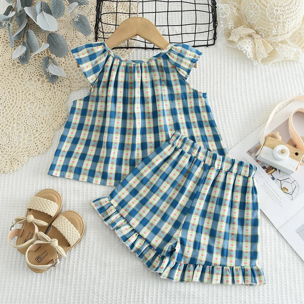 Bear Leader Girls' Summer Fashion Set Children's Flower Print Flying Sleeve Top+Shorts Two Piece Cute Little Girl Refreshing Set