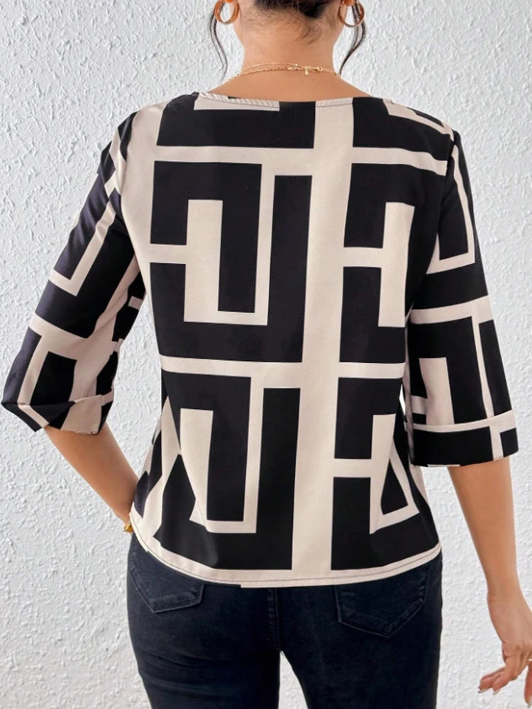 Women's Spring Summer Geometric Print Round Neck Short Sleeve Casual Shirt Comfortable Breathable Fashionable Top