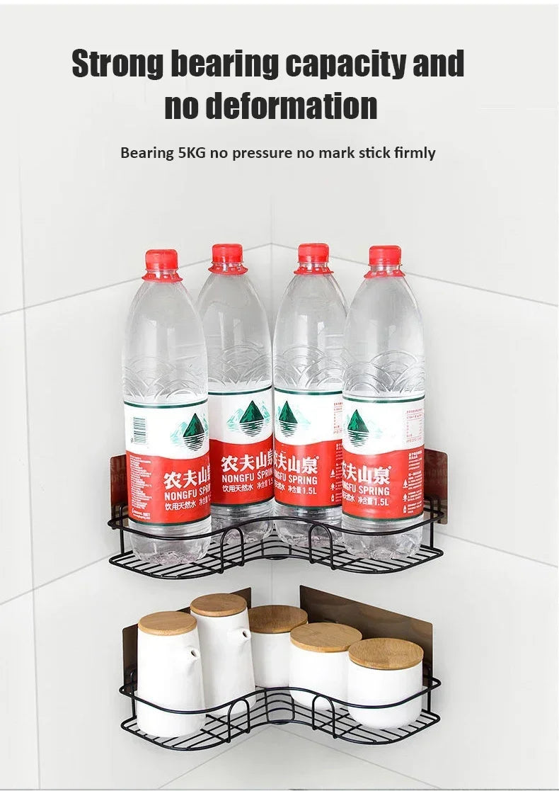 Corner StoraBathroom Organizer Shelf Wall Mounted Corner Storage Shelves Shampoo Holder Cosmetic Rack Iron Shower Drain Basket